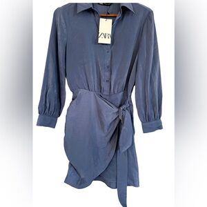 Zara Blue Satin Effect Tie Wrap Dress